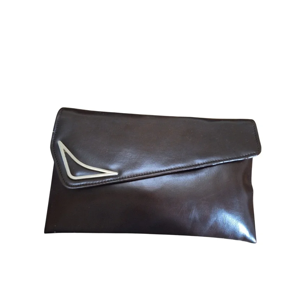Vintage Art Deco Dark Brown Faux Leather Envelope Clutch Bag with Mirror Accent